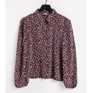 JDY Floral Print Long-Sleeve Blouse - Burgundy/Maroon - XS